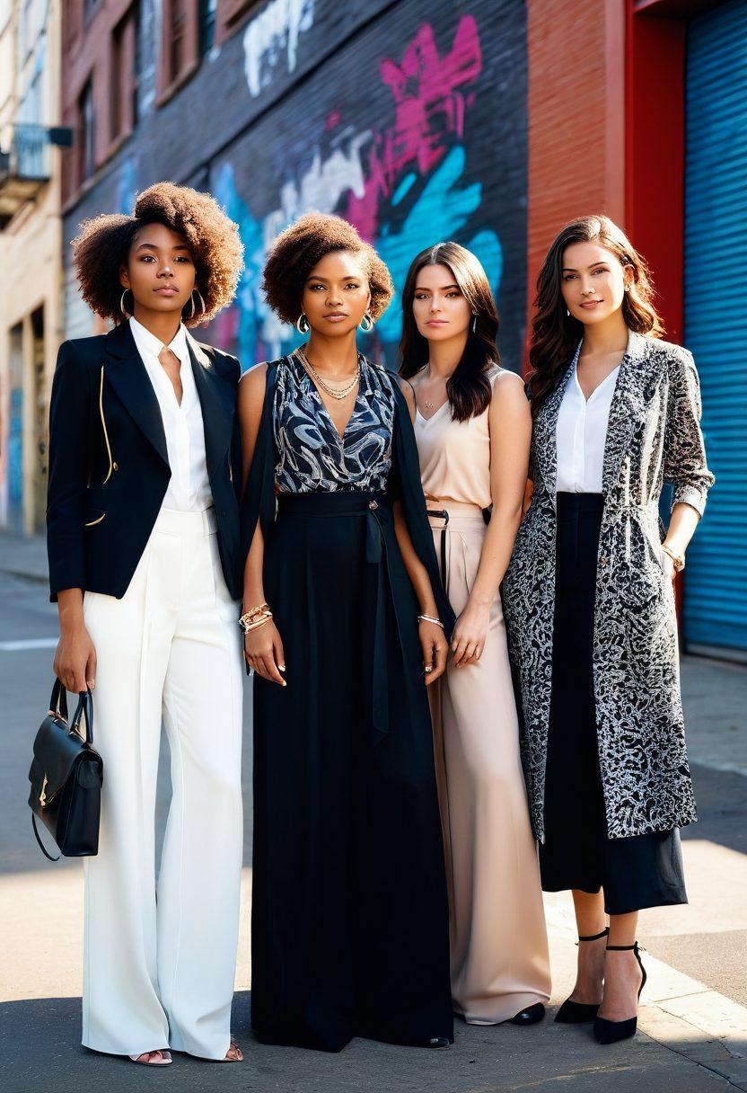 A stylish, diverse group of women wearing modern modest fashion, showcasing a blend of elegant, flowing fabrics with trendy accessories. The scene is set in an urban environment, highlighting both street style and runway inspirations, with vibrant graffiti art in the background. Soft sunlight casts a warm glow, enhancing the richness of the clothing textures and colors. super-realistic. vibrant colors. urban background.