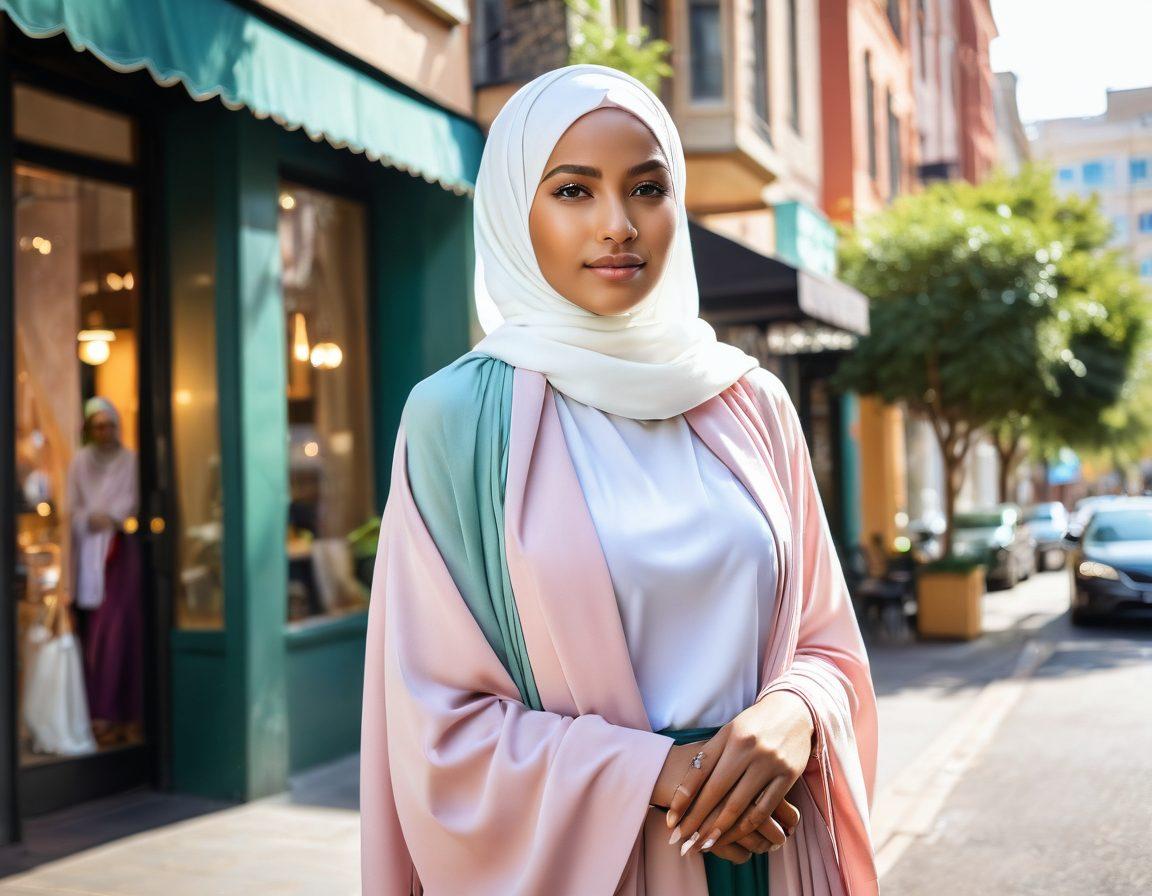 A stylish woman wearing a beautifully draped hijab in soft pastel colors, standing confidently in a chic urban setting. The background features trendy cafes and fashion boutiques, with a hint of greenery. Incorporate elements of modesty and elegance, showing diversity in hijab styles. Bright sunlight casts a warm glow, enhancing the vibrant hues. super-realistic. vibrant colors. dynamic urban landscape.